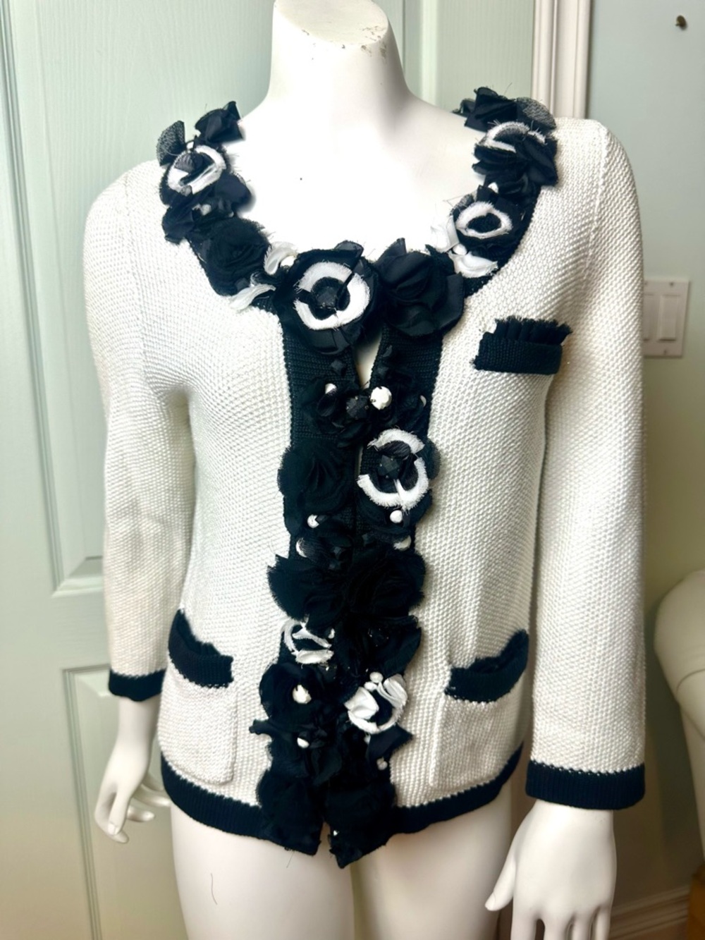White House Black Market Black and White Knit Cardigan with Floral Trim, XS